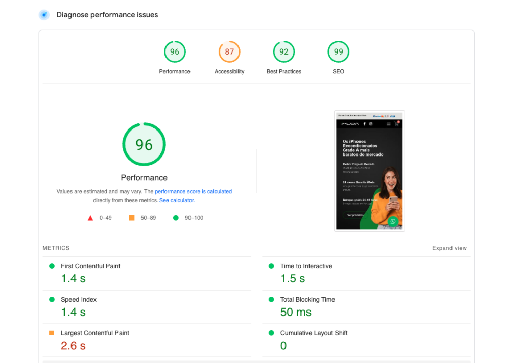 Pontuação PageSpeed depois da otimização
