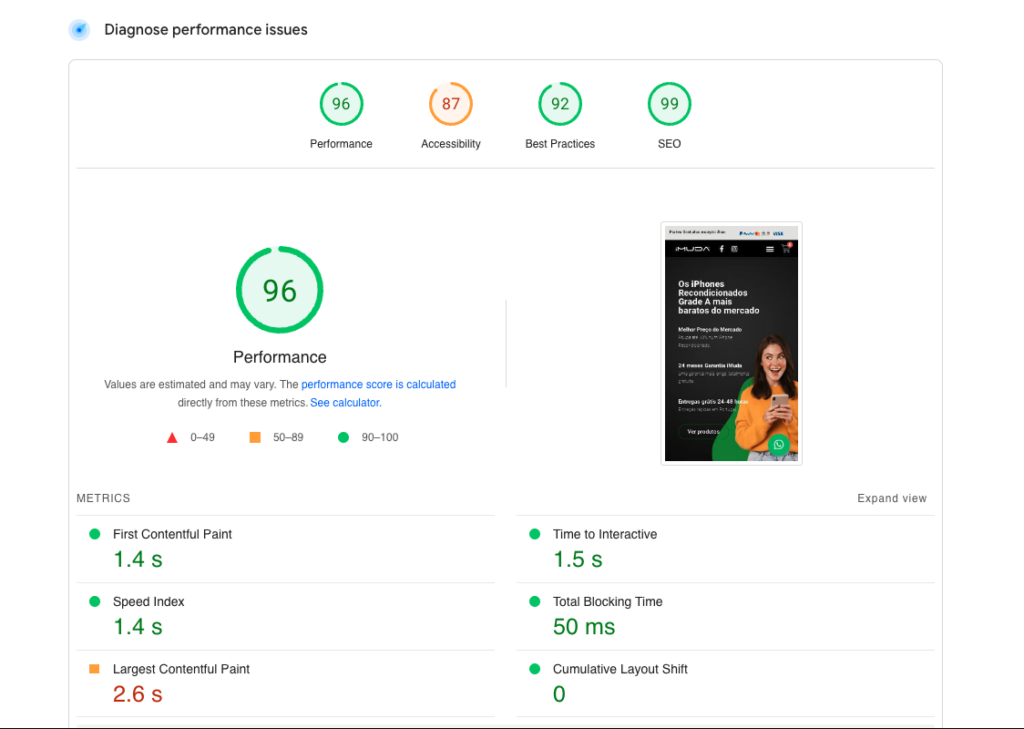 Pontuação PageSpeed depois da otimização