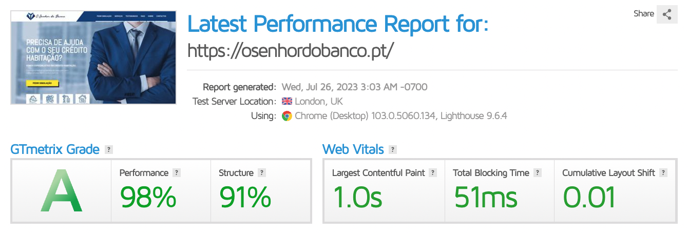 O Senhor do Banco — GTmetrix depois da otimização: A (98%)
