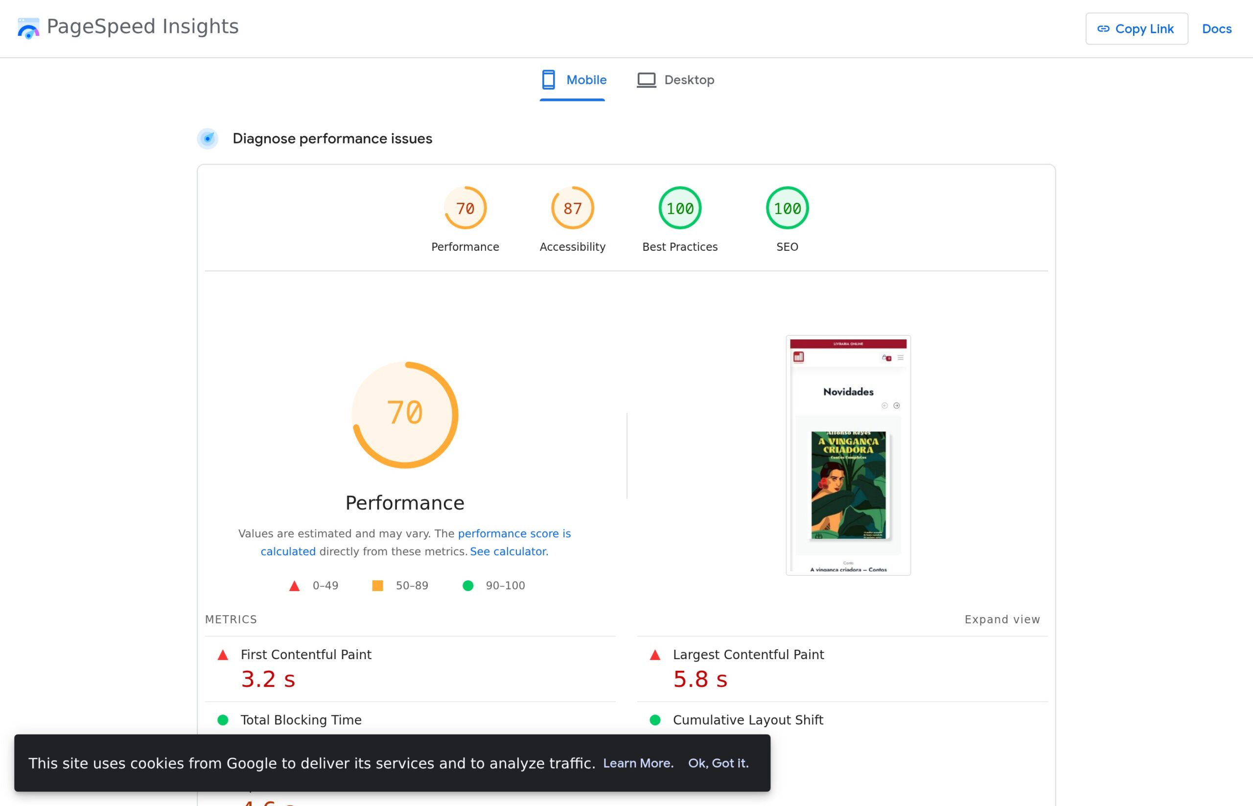 Google PageSpeed Insights — Livraria Velhotes Mobile